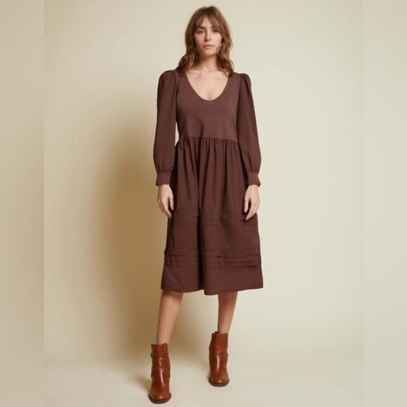 Nation LTD - Mahal Peasant Combo Dress in Pinot Noir chocolate brown S cotton - Picture 1 of 16